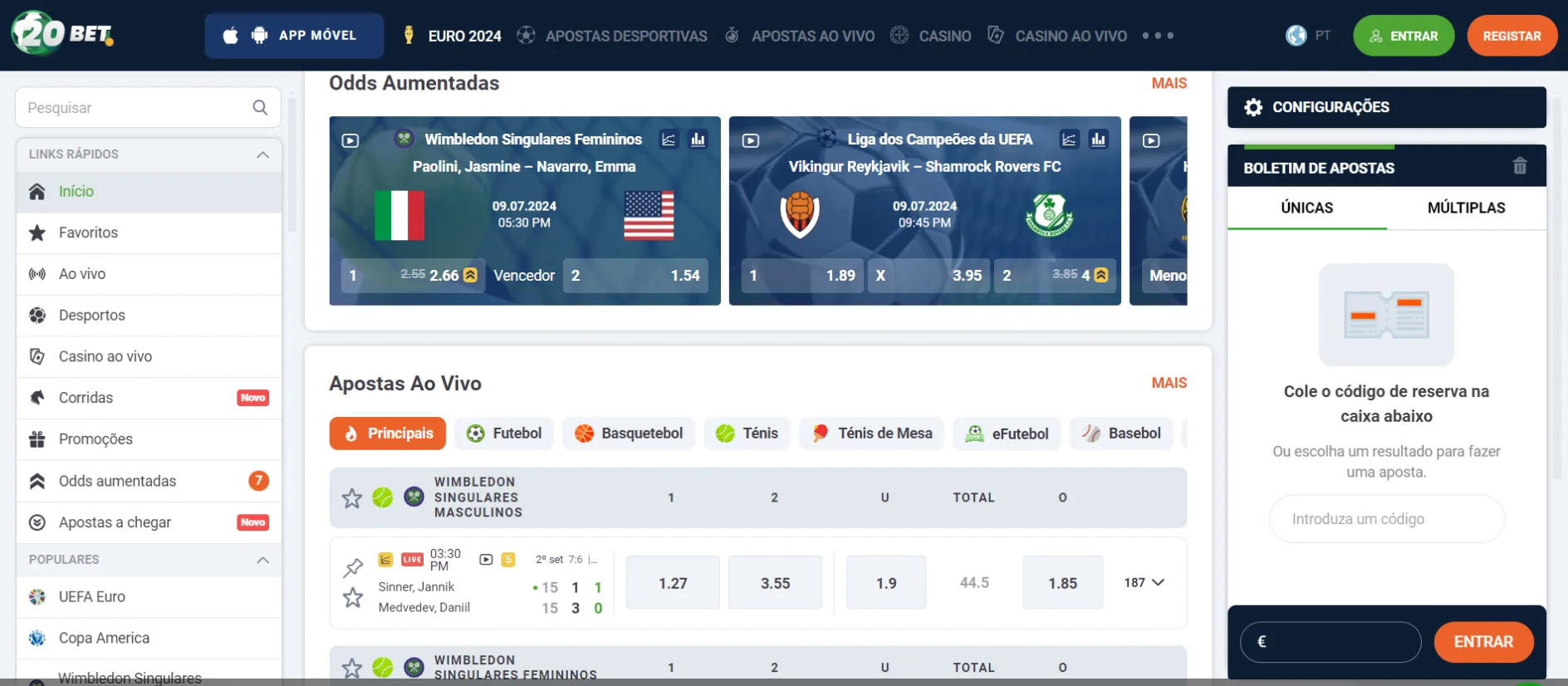 20Bet Apostas ao Vivo